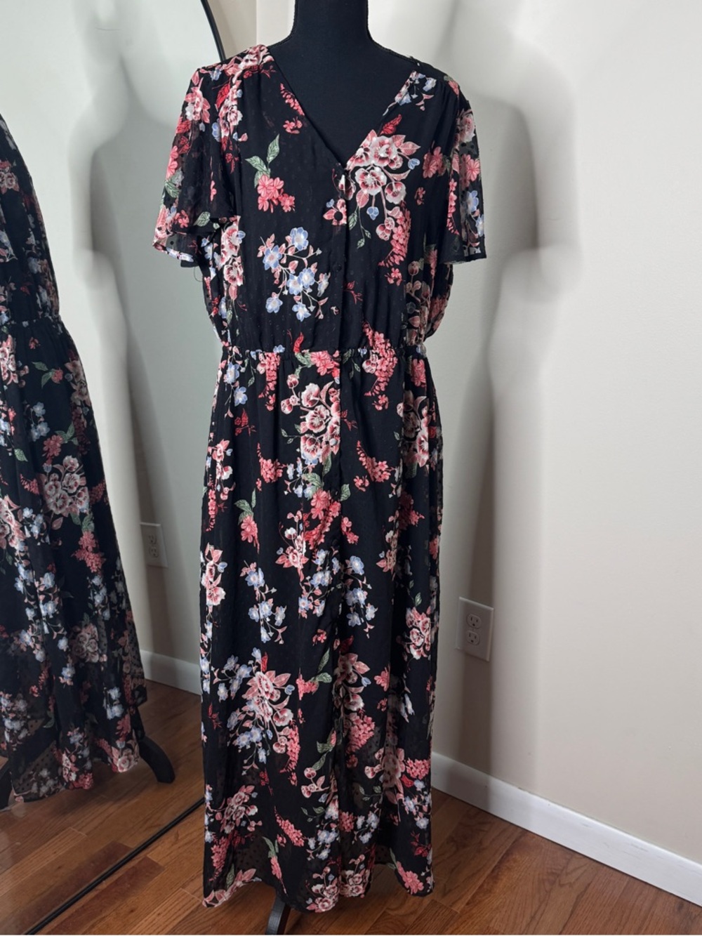Lane Bryant Floral Sheer Button Down Midi Dress Black Pink Size 18